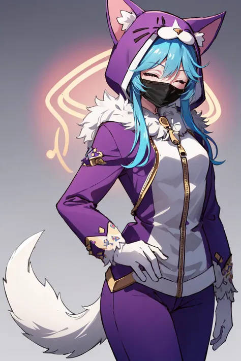 (masterpiece, best quality), intricate details,
1girl, <lora:wooflamp:0.8>wooflamp, small breasts, pink eyes, blue hair,purple suit,closed eyes,hood, closed eyes, neon eyes, zipper closed, tail cat,((full mask))
