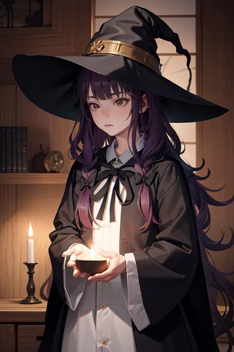 masterpiece, best quality, absurdres, <lora:CHAR-NazunaOikawa:1> NazunaOikawa, long hair, black robe, witch hat, night, glow, wooden house, magic