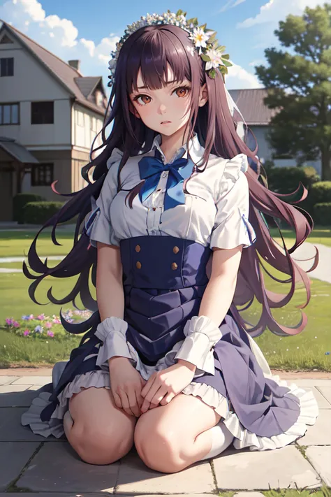 masterpiece, best quality, absurdres, <lora:CHAR-NazunaOikawa:1> NazunaOikawa, long hair, blue dress, frills, bowtie, seiza, flower field, outdoors, looking at the viewer