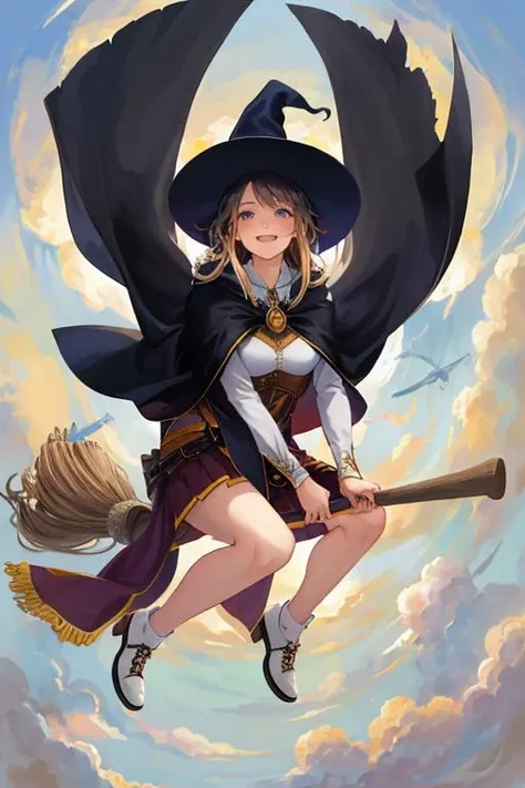(((flying))),masterpiece,(best quality:1.4),(perfect anatomy:1.4),high quality,very_high_resolution,ultra-detailed,large_filesize,full color,detailed,8k,4k,highres,symmetric,exceptional,best aesthetic,new,newest,extremely detailed,anime,detailed beautiful face and eyes,extremely detailed body,extremely detailed hair,((windy)),Hair and clothes fluttering in the strong wind,skirt,cape,
1Girl BREAK floating in the sky,in the air,in the sky,flying,put a broomstick between your knees,full body,cute,pretty,witch,witch hat,top of the city,smile,wide shot,dynamic angle,