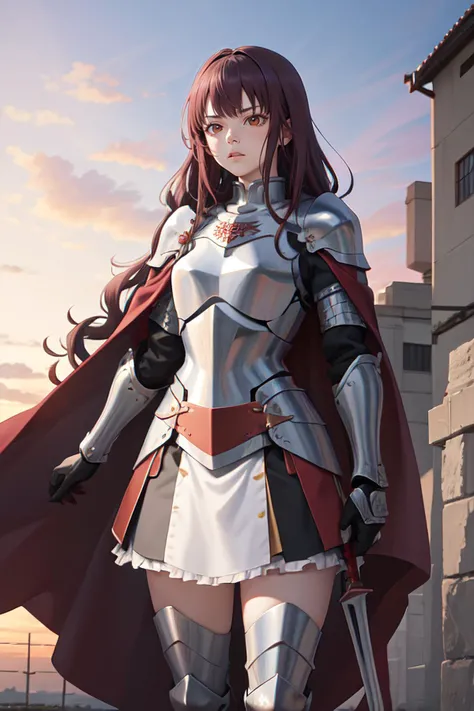 masterpiece, best quality, absurdres, <lora:CHAR-NazunaOikawa:1> NazunaOikawa, long hair, armor, red cape, knight, sunset, outdoors, black hair