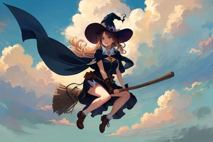 (((flying))),masterpiece,(best quality:1.4),(perfect anatomy:1.4),high quality,very_high_resolution,ultra-detailed,large_filesize,full color,detailed,8k,4k,highres,symmetric,exceptional,best aesthetic,new,newest,extremely detailed,anime,detailed beautiful face and eyes,extremely detailed body,extremely detailed hair,((windy)),Hair and clothes fluttering in the strong wind,skirt,cape,
1Girl BREAK floating in the sky,in the air,in the sky,flying,put a broomstick between your knees,full body,cute,pretty,witch,witch hat,top of the city,smile,wide shot,dynamic angle,