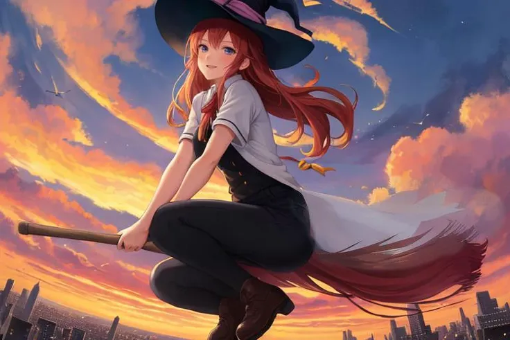 (((flying))),masterpiece,(best quality:1.4),(perfect anatomy:1.4),high quality,very_high_resolution,ultra-detailed,large_filesize,full color,detailed,8k,4k,highres,symmetric,exceptional,best aesthetic,new,newest,extremely detailed,anime,detailed beautiful face and eyes,extremely detailed body,extremely detailed hair,((windy)),Hair and clothes fluttering in the strong wind,skirt,cape,whit socks,
1Girl BREAK floating in the sky,in the air,in the sky,flying,put a broomstick between your knees,full body,cute,pretty,witch,witch hat,top of the city,smile,