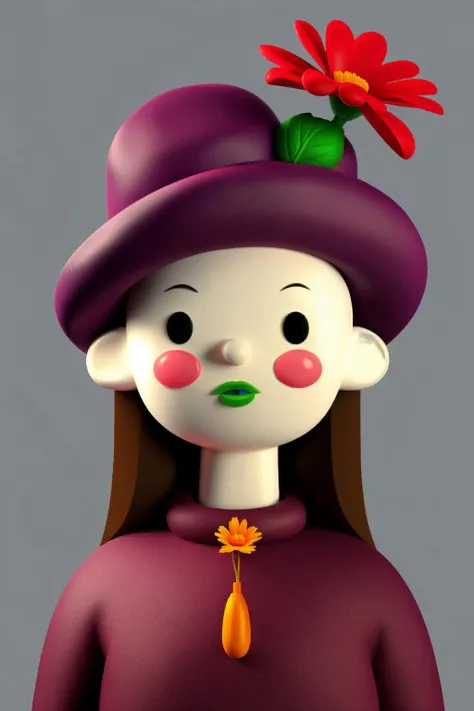 a woman with a hat and a flower on her head , toy_face