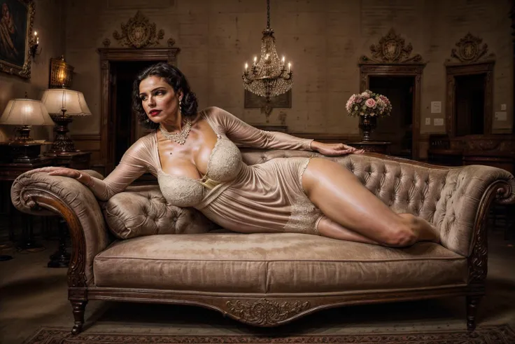 RAW photo, highres, sharp focus, extremely detailed, masterpiece, cinematic lighting, (((film grain))), 1girl, tall women, ((old castle)), indoors, dim lit, cleavage, see-through dress, underwear,hands on breast, looking up, <lora:add_detail:1.5> , ladyD, laying on chaiselounge, <lora:ladyD:0.9> <lora:chaiselounge:0.6>