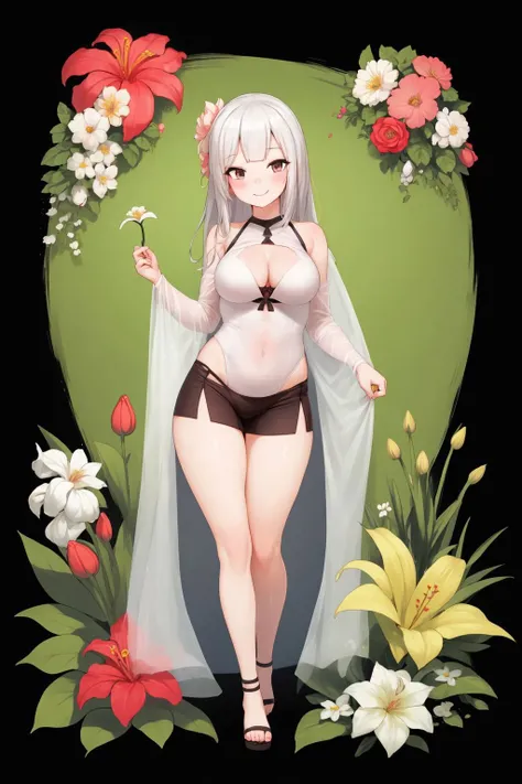 <lora:Gemba_style_v02:1>, full body, solo, 1girl, looking down, smile, blush, medium breasts, no light, Lilly-of-the-Valley \(flower\), floral background