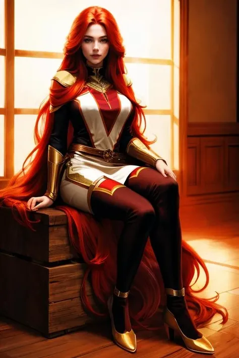 masterpiece,best quality,highres,realistic,1girl,full body,<lora:Phoenix:0.6>,long_hair,fiery_hair,sitting,