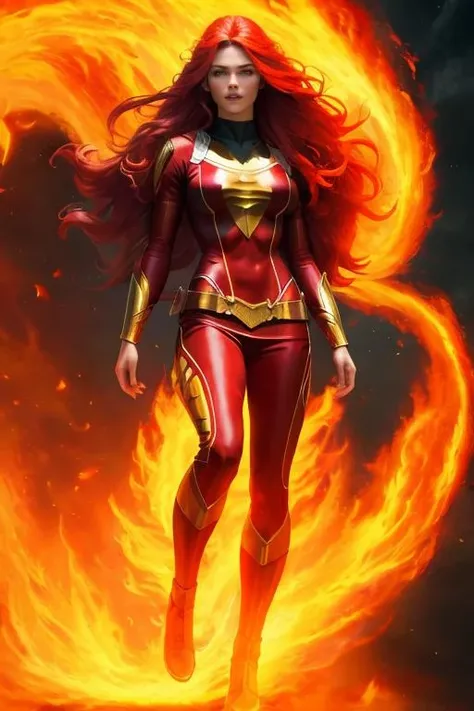 masterpiece,best quality,highres,realistic,1girl,full body,<lora:Phoenix:0.6>,long_hair,breathing_fire,flame,fiery_hair,standing,