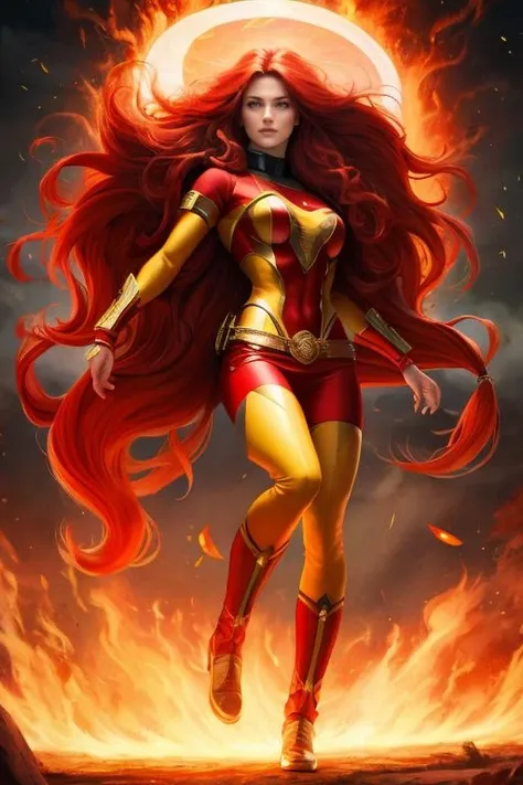 masterpiece,best quality,highres,realistic,1girl,full body,<lora:Phoenix:0.6>,long_hair,fiery_hair,fighting,