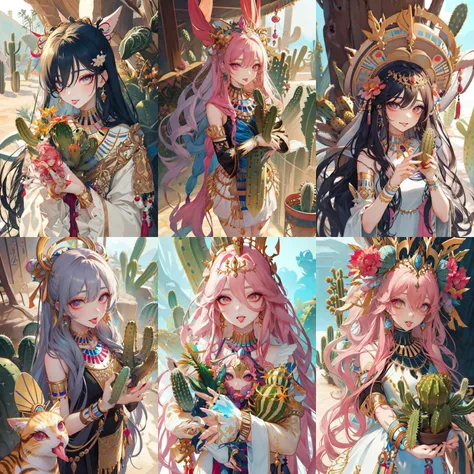 A smug narcissistic pink haired genie woman wearing a golden bra and pink puffy harem pants and lots of jewelry flaunting herself being pleasured by her harem of women who wear the same clothes as she does no text on the art