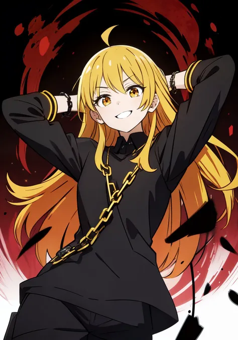 1girl, <lora:bocchi_style_offset:0.8>, bocchi style, bocchi, hand, yellow hairs, orange eyes, evil smile, beautiful eyes, smoking, looking at viewer, upper body, black chain, golden elements