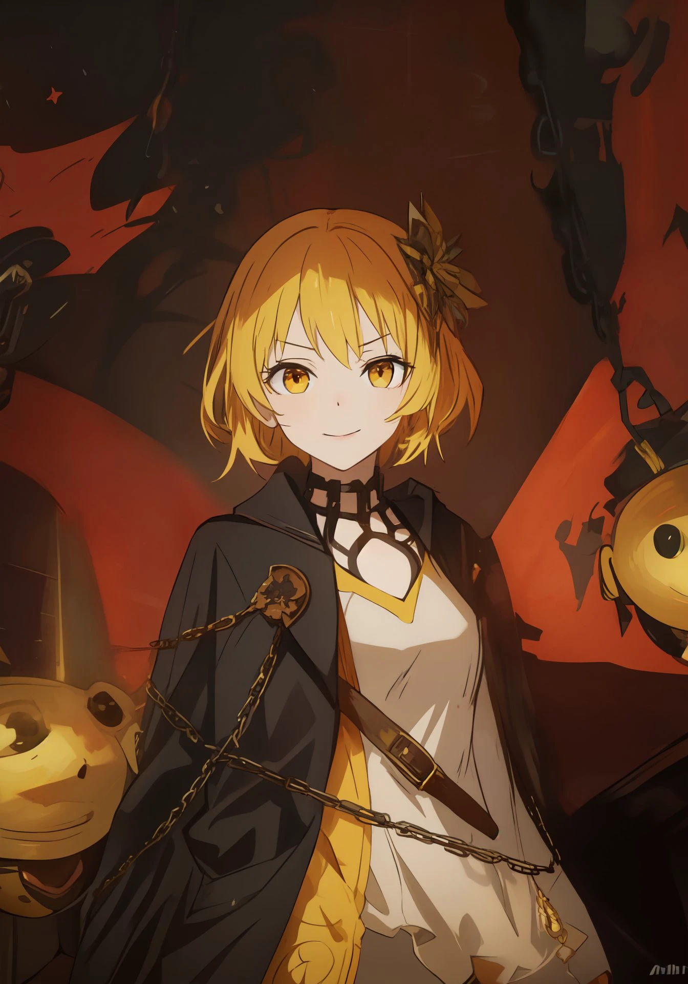 1girl, <lora:bocchi_style_offset:0.8>, bocchi style, bocchi, hand, yellow hairs, orange eyes, evil smile, beautiful eyes, smoking, looking at viewer, upper body, black chain, golden elements, star clothes