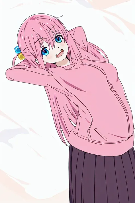 1girl, <lora:bocchi_style_offset:1>,bocchi style, gotou hitori, 1girl, blue eyes, cube hair ornament, hair between eyes, hair ornament, hair over eyes, jacket, long hair, one side up, open mouth, pink hair, pink jacket, solo, track jacket, , ((masterpiece)),((laughing, ))