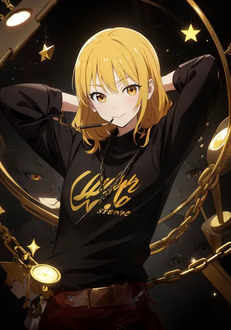 1girl, <lora:bocchi_style_offset:0.8>, bocchi style, bocchi, hand, yellow hairs, orange eyes, evil smile, beautiful eyes, smoking, looking at viewer, upper body, black chain, golden elements, star clothes