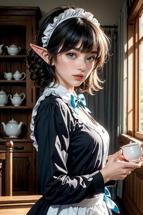 an a cartoon character holding one teapot in the house of someone,  pot,  happy,  pointy ears,  apron,  elf,  blue eyes,  medium hair,  curly hair,  blonde hair,  blush,  holding,  bow,  indoors,  teacup,  1girl,  long sleeves,  sidelocks,  bowtie,  maid,  bangs,  black bow,  closed mouth,  cinematic shadows,  ((best quality)),  ((ultra-detailed)),  ((textile shading)),  ((caustics)),  ((sharp focus)),  ã,  from side