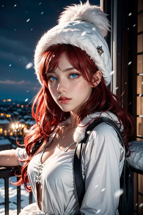 realistic,  depth of field,  cinematic lighting,  (detailed outfit),  perfect eyes,  rich in details,  lips,  lineart,  light particles,  ((red colored hair)),  ((blue eyes)),  princess-line dress,  balcony,  night sky,  moonlight,  long hair,  snowing,  white theme,  fur hat