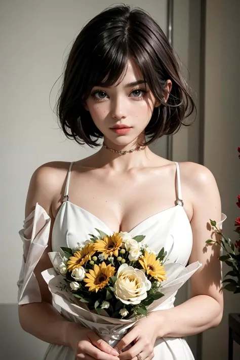 brown hair,  bob cut,  perky medium breasts,  pale color,  brown theme,  upper body,  (bouquet:1.3)