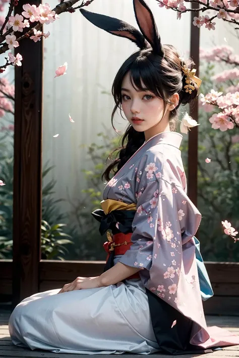 (girl): solo,  (perfect face),  (detailed outfit),  tea ceremony master,  (rabbit ears),  serene,  (calm),  (sitting in seiza style),  black hair,  long hair,  (traditional updo),  brown eyes,  light skin,  medium breasts,  (kimono),  (hakama),  (kanzashi),  (obi),  (fan) (background): from side,  outdoor,  (cherry blossom festival),  (cherry trees),  (petals falling),  (lanterns),  afternoon,  (cherry blossom blizzard) (effects): (masterpiece),  (best quality),  (sharp focus),  (depth of field),  (high res)