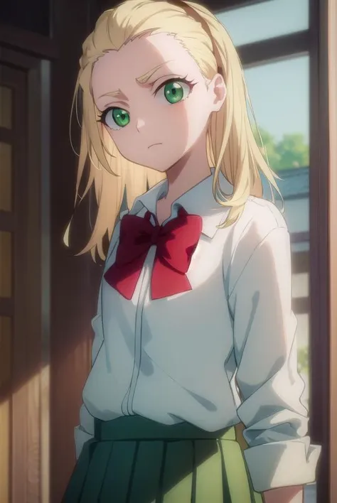 rurichiyokasumioji, <lyco:rurichiyokasumioji-lyco-nochekaiser:1>, 
rurichiyo kasumioji, long hair, blonde hair, (green eyes:1.5), hairband, hair pulled back, forehead,
BREAK skirt, shirt, bow, school uniform, white shirt, pleated skirt, socks, miniskirt, bowtie, red bow, kneehighs, brown footwear, black socks, loafers, red bowtie, grey skirt, sleeves rolled up,
BREAK indoors, classroom,
BREAK looking at viewer, (cowboy shot:1.5),
BREAK <lyco:GoodHands-beta2:1>, (masterpiece:1.2), best quality, high resolution, unity 8k wallpaper, (illustration:0.8), (beautiful detailed eyes:1.6), extremely detailed face, perfect lighting, extremely detailed CG, (perfect hands, perfect anatomy),