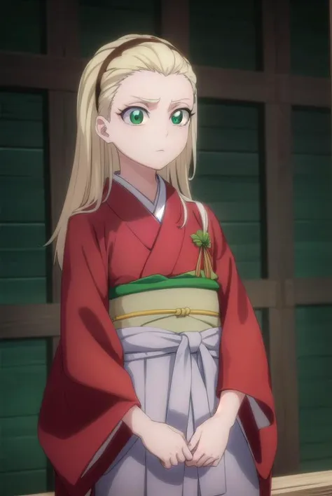 rurichiyokasumioji, <lyco:rurichiyokasumioji-lyco-nochekaiser:1>, 
rurichiyo kasumioji, long hair, blonde hair, (green eyes:1.5), hairband, hair pulled back, forehead,
BREAK japanese clothes, kimono, hakama, hakama skirt, (red kimono:1.5), long sleeves, wide sleeves, (grey hakama:1.3),
BREAK outdoors, shrine,
BREAK looking at viewer, (cowboy shot:1.5),
BREAK <lyco:GoodHands-beta2:1>, (masterpiece:1.2), best quality, high resolution, unity 8k wallpaper, (illustration:0.8), (beautiful detailed eyes:1.6), extremely detailed face, perfect lighting, extremely detailed CG, (perfect hands, perfect anatomy),
