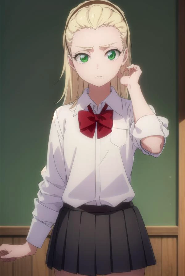 rurichiyokasumioji, <lyco:rurichiyokasumioji-lyco-nochekaiser:1>,
rurichiyo kasumioji, long hair, blonde hair, (green eyes:1.5), hairband, hair pulled back, forehead,
BREAK skirt, shirt, bow, school uniform, white shirt, pleated skirt, socks, miniskirt, bowtie, red bow, kneehighs, brown footwear, black socks, loafers, red bowtie, grey skirt, sleeves rolled up,
BREAK indoors, classroom,
BREAK looking at viewer, (cowboy shot:1.5),
BREAK <lyco:GoodHands-beta2:1>, (masterpiece:1.2), best quality, high resolution, unity 8k wallpaper, (illustration:0.8), (beautiful detailed eyes:1.6), extremely detailed face, perfect lighting, extremely detailed CG, (perfect hands, perfect anatomy),