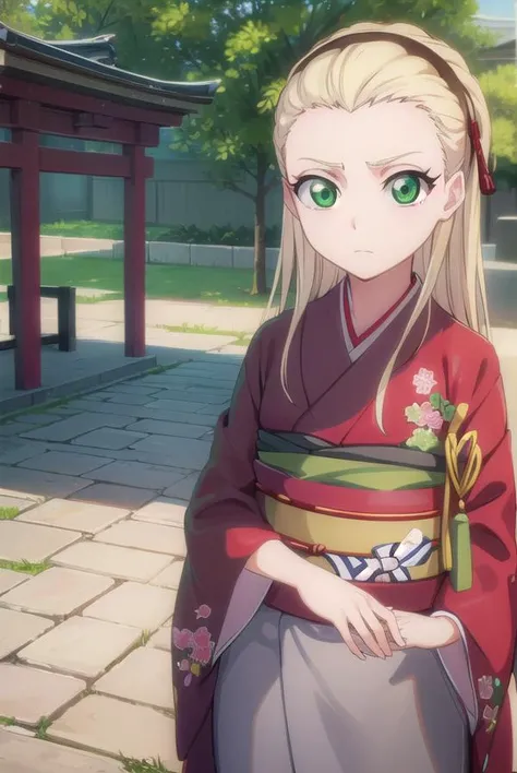 rurichiyokasumioji, <lyco:rurichiyokasumioji-lyco-nochekaiser:1>,
rurichiyo kasumioji, long hair, blonde hair, (green eyes:1.5), hairband, hair pulled back, forehead,
BREAK japanese clothes, kimono, hakama, hakama skirt, (red kimono:1.5), long sleeves, wide sleeves, (grey hakama:1.3),
BREAK outdoors, shrine,
BREAK looking at viewer, (cowboy shot:1.5),
BREAK <lyco:GoodHands-beta2:1>, (masterpiece:1.2), best quality, high resolution, unity 8k wallpaper, (illustration:0.8), (beautiful detailed eyes:1.6), extremely detailed face, perfect lighting, extremely detailed CG, (perfect hands, perfect anatomy),