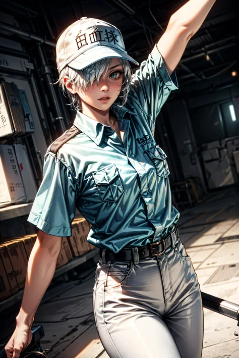 highly detailed, dynamic, cinematic, stunning, realistic lighting and shading, <lora:cellsatwork_whitebloodcell:0.8> white blood cell, colored skin, white skin, white hair, hair over one eye, baseball cap, white uniform, white pants
<lora:add_detail:1>,