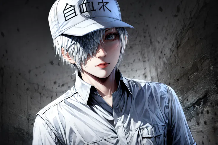 <lora:cellsatwork_whitebloodcell-09:1> white blood cell, colored skin, white skin, white hair, hair over one eye, baseball cap, white uniform, white pants
<lora:add_detail:1>,