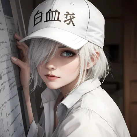 masterpiece, best quality, intricate, high detail, 1girl, looking at viewer <lora:cellsatwork_whitebloodcell:1>, WHITE BLOOD CELL, COLORED SKIN, WHITE SKIN, WHITE HAIR, HAIR OVER ONE EYE, BASEBALL CAP, WHITE UNIFORM, WHITE PANTS, mature woman