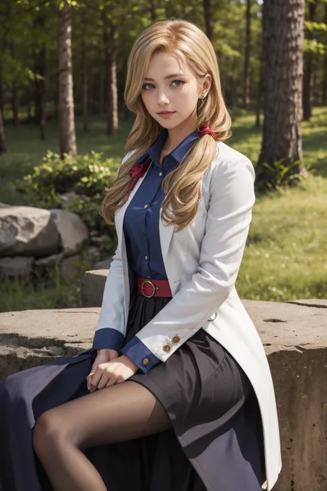 ((masterpiece)), (best quality), official art, extremely detailed CG, unity 8k wallpaper, ultra detailed, highly detailed, detailed background, vivid color, photorealistic, perfect lighting, best illumination,
1girl, solo, full body
erika russell, blonde hair, long hair, hair over shoulder, red ribbon in hair, medium breasts,
white labcoat, blue shirt, long black skirt, pantyhose, red high heels, blush,
particles, forest, river,
<lora:Erika:0.8>