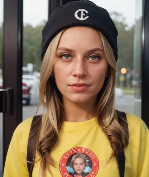 a close up of a woman wearing a yellow shirt and a black hat