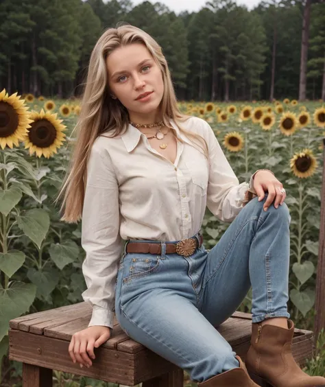 cinematic photo <lora:quiron_AnnaMarek_v6330_Lora:0.87> annaMarekQuiron, annaMarek, 1girl, long blonde hair, blue eyes, lips, looking at viewer,   western shirt, suede pants, cowboy boots, bolo tie, wooden plaque in hands with label "fuck me", a beautiful 1girl, a field of sunflowers, beautiful pioneer girl,, . 35mm photograph, film, bokeh, professional, 4k, highly detailed