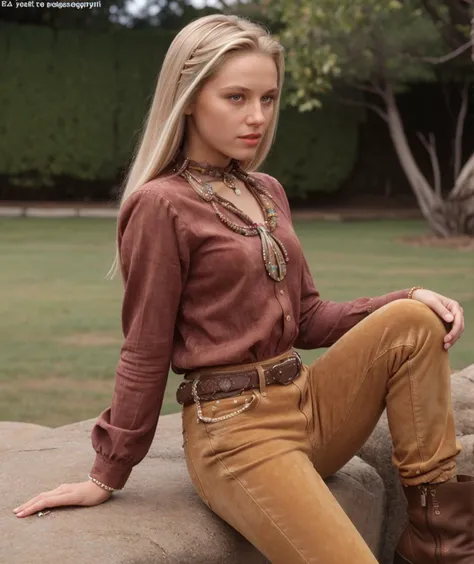 cinematic photo <lora:quiron_AnnaMarek_v6330_Lora:0.87> annaMarekQuiron, annaMarek, 1girl, long blonde hair, blue eyes, lips, looking at viewer,   western shirt, suede pants, cowboy boots, bolo tie, intricately detailed hyper realism rpg style art of, a group of different beautiful slim skinny females with 2 colored hair,, . 35mm photograph, film, bokeh, professional, 4k, highly detailed