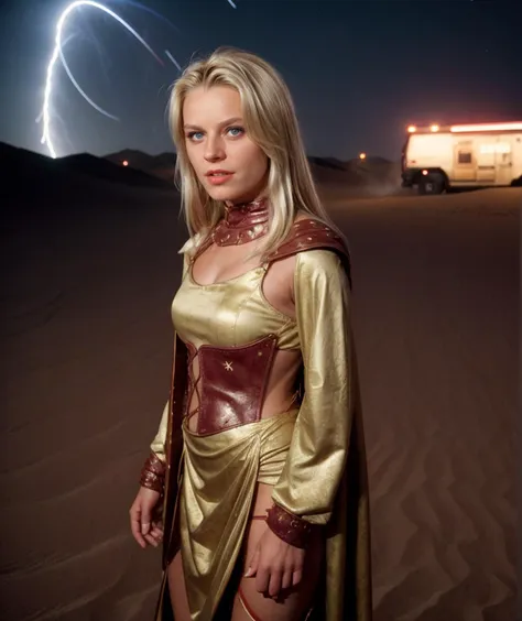 cinematic photo  <lora:quiron_AnnaMarek_v6330_Lora:0.87> annaMarekQuiron, annaMarek, 1girl, blonde hair, blue eyes, lips, looking at viewer,  wearing mummy costume, (night street)  , a female air Genie atop a desert dune that is clad in mists and a swirling tornado of dust,  . 35mm photograph, film, bokeh, professional, 4k, highly detailed