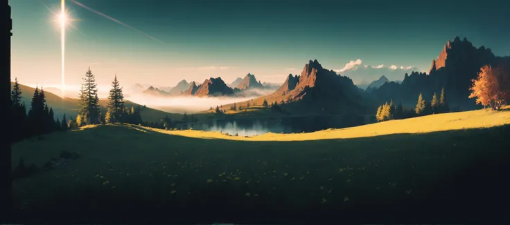 <lora:film:0.6>,(RAW photo, best quality),(realistic, photo-realistic:1.3),extremely delicate and beautiful,(ultra highres:1.0), watercolor, arcane style,highly detailed (mountain lake:1.1) landscape,(masterpiece:1.3),(detailed grass:1.1),heavenly atmosphere,(fantasy landscape:1.1),(D&D:1.1), (darkfantasy:1.1), full shot body photo of the most beautiful artwork in the world,highly detailed ,Intricate, High Detail, Sharp focus, dramatic, masterpiece, highest quality, lens flare, shade, bloom, ((chromatic aberration)),floral garden background,by atey ghailan, by greg rutkowski,james gilleard, by joe fenton ,by Jeremy Lipking, by Antonio J. Manzanedo, digital painting ,grunge aesthetic , dreamlike, (gradient green:1.1) ,(vibrant colors:1.1) ,(epic view:1.2),(epic shot:1.1),trending on artstation, pastel colors, (ink:1.3), autumn lights,relax and enjoy a time of peace and tranquility,magic hour,magical lights, sharp focus,volumetric fog,8k UHD,DSLR,high quality,(film grain:1.4),Fujifilm XT3,(cool and warm tone impression:1.4) , <lora:lowra:0.4>