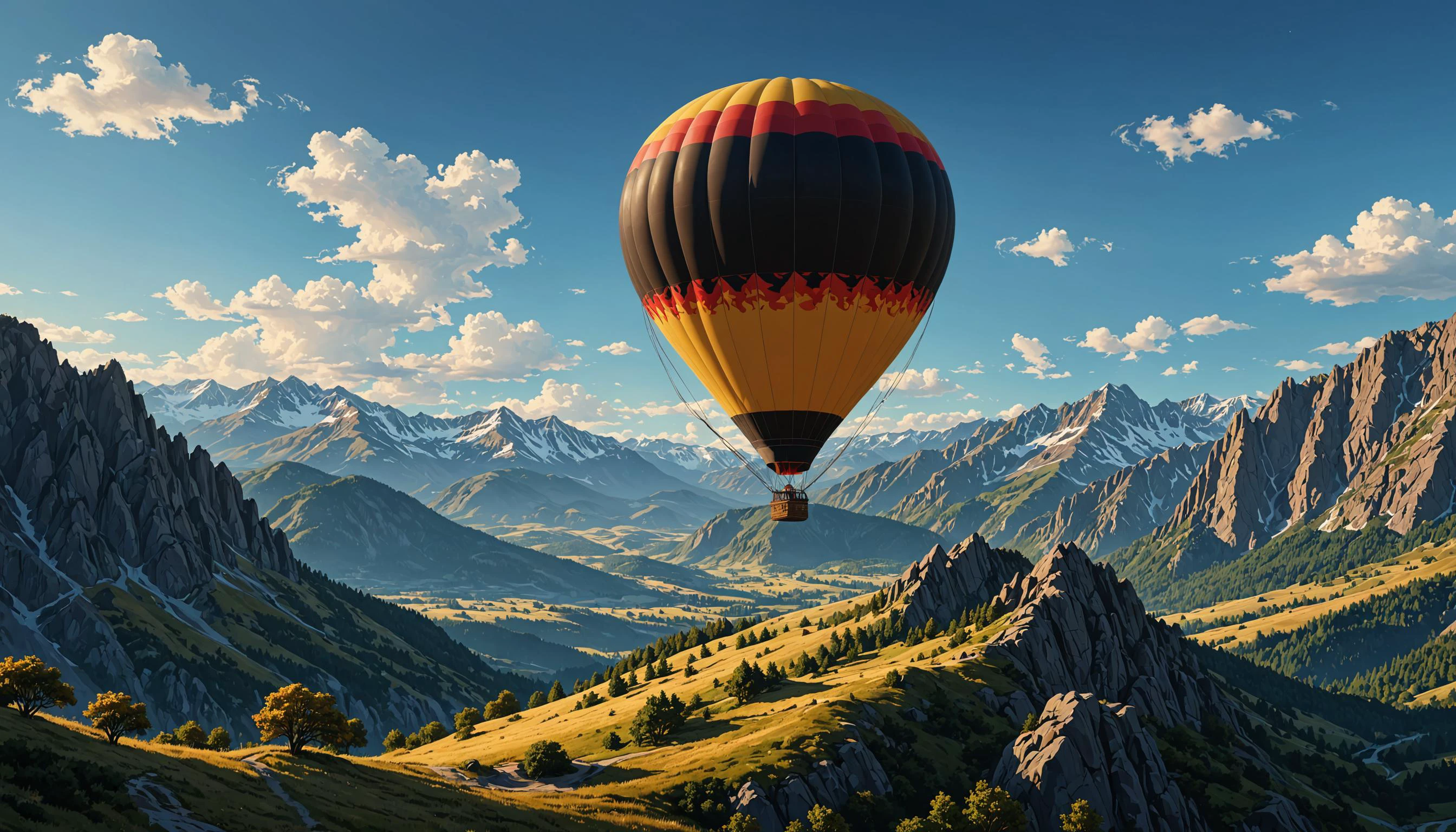 impactful color paint of A hot air balloon across a mountain landscape <lora:Modern_Cartoon_Style:0.4>, highly detailed, vibrant colors , 8k, sharp, professional, clear, high contrast, high saturated, , vivid deep blacks, crystal clear