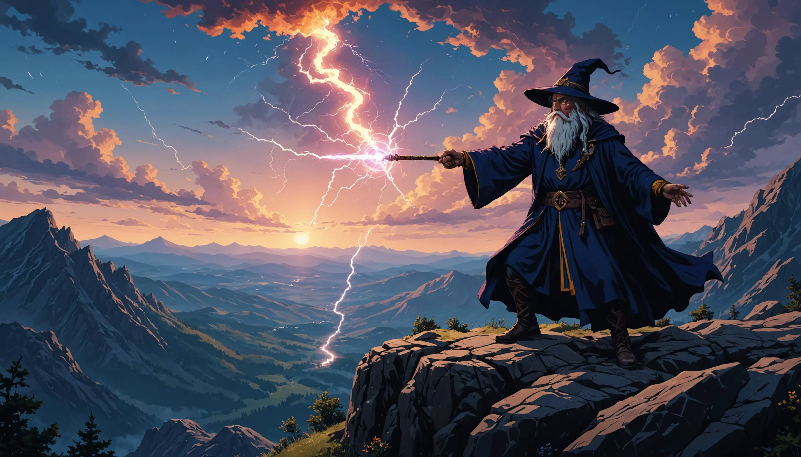 impactful color paint of A wizardâs duel atop a mountain with lightning spells , <lora:Modern_Cartoon_Style:0.4>, highly detailed, vibrant colors , 8k, sharp, professional, clear, high contrast, high saturated, , vivid deep blacks, crystal clear