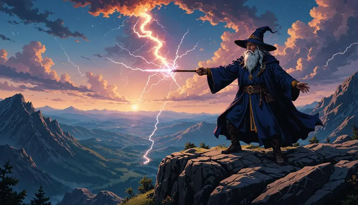 impactful color paint of  A wizardâs duel atop a mountain with lightning spells ,     <lora:Modern_Cartoon_Style:0.4>,    highly detailed,  vibrant colors , 8k,   sharp,  professional, clear,   high contrast, high saturated, , vivid deep blacks, crystal clear