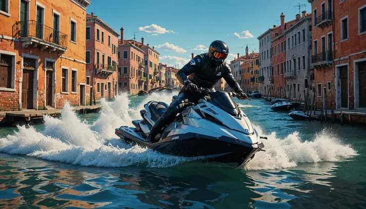 impactful color paint of  A secret agent on a jet ski chase through a Venice  waterwayse    <lora:Modern_Cartoon_Style:0.3>,    highly detailed,  vibrant colors , 8k,   sharp,  professional, clear,   high contrast, high saturated, , vivid deep blacks, crystal clear