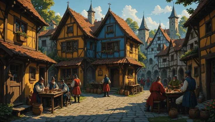 impactful color paint of  A medieval village with craftsmen and jesters ,     <lora:Modern_Cartoon_Style:0.4>,    highly detailed,  vibrant colors , 8k,   sharp,  professional, clear,   high contrast, high saturated, , vivid deep blacks, crystal clear