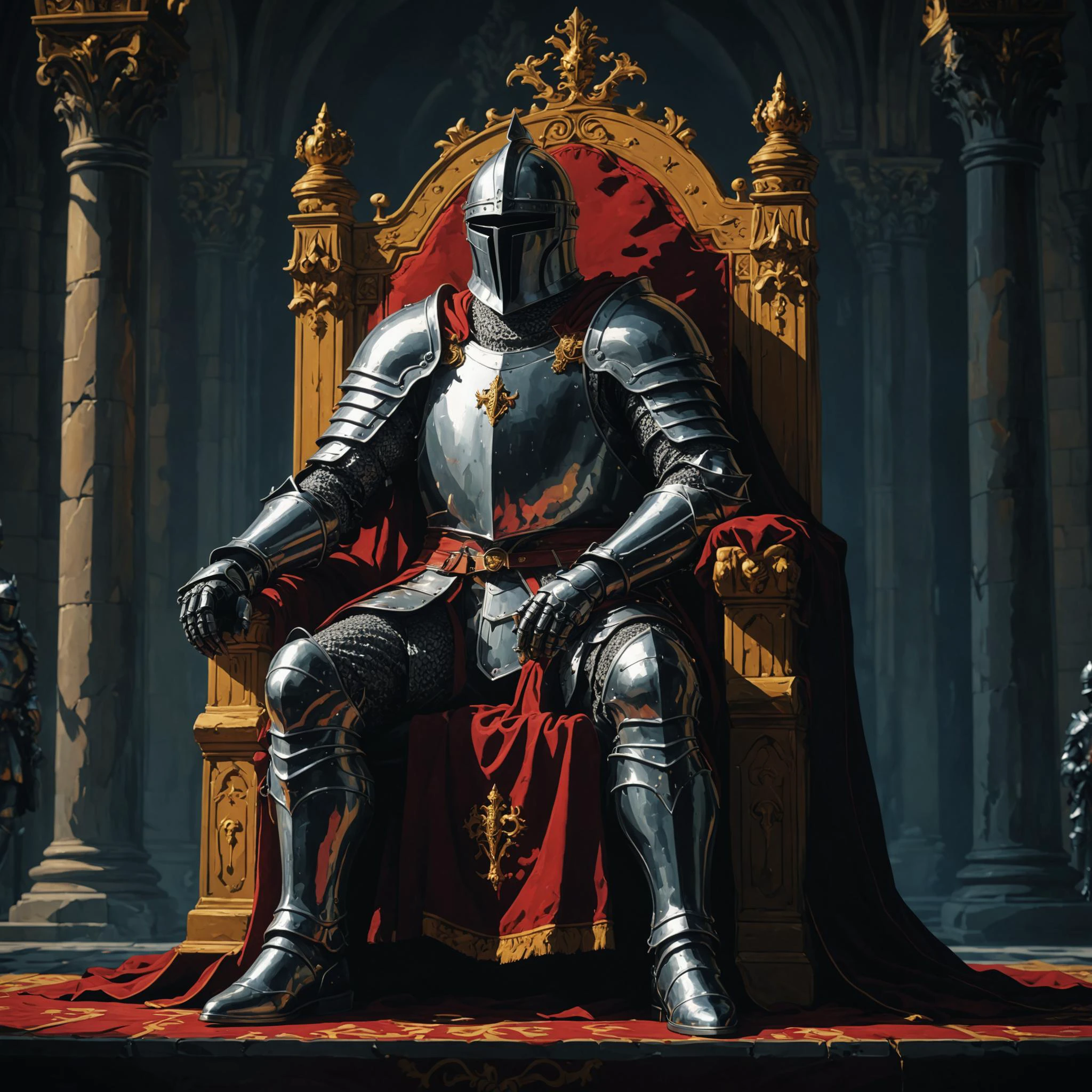 impactful color paint of A Knight sitting on a Throne <lora:Modern_Cartoon_Style:0.4>, highly detailed, vibrant colors , 8k, sharp, professional, clear, high contrast, high saturated, , vivid deep blacks, crystal clear