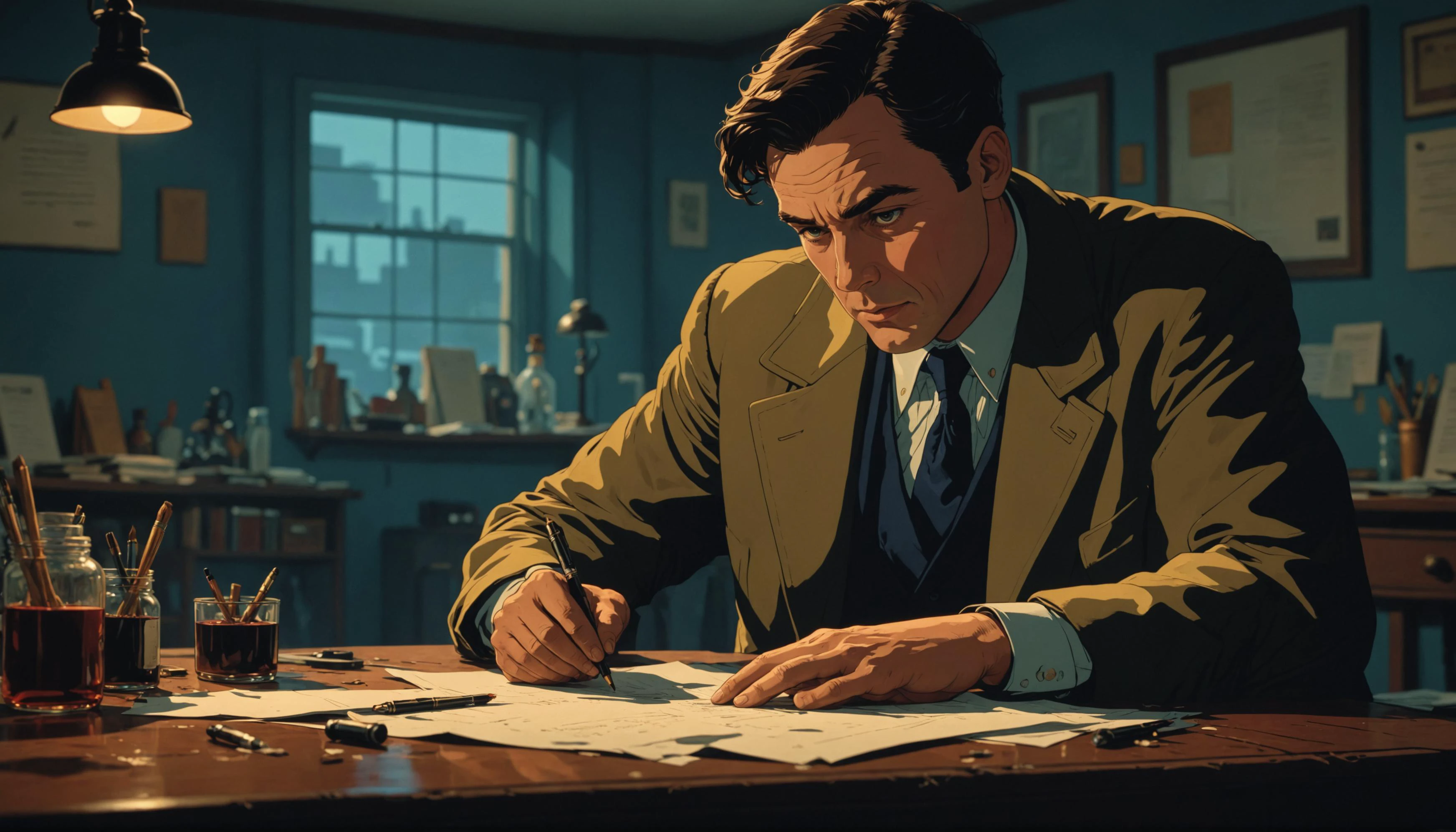 impactful color paint of A detective jotting down notes at a crime scene , 1950s comic book style <lora:Modern_Cartoon_Style:0.4>, highly detailed, vibrant colors , 8k, sharp, professional, clear, high contrast, high saturated, , vivid deep blacks, crystal clear