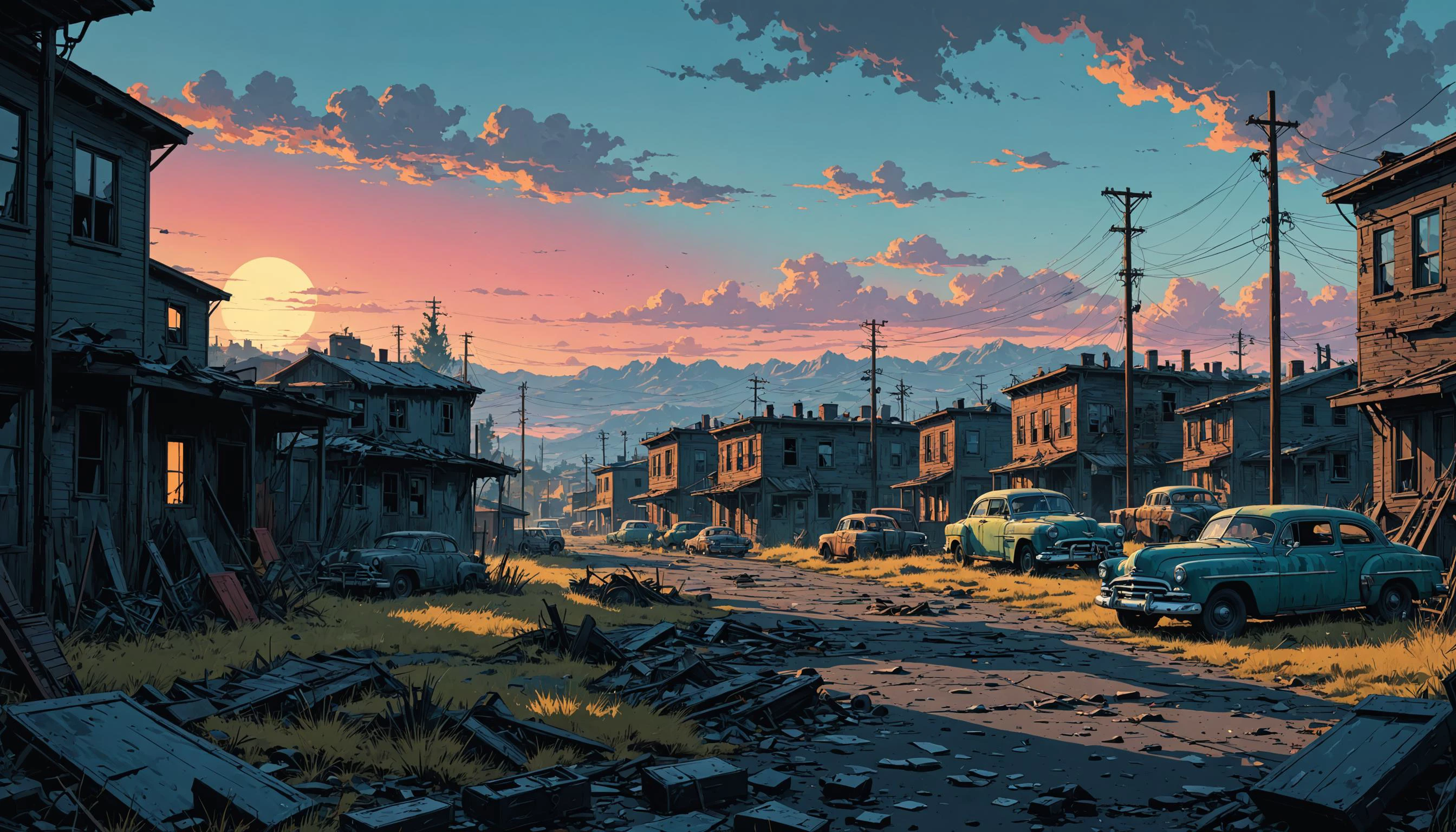 impactful color paint of post-apocalyptic world, 1950s comic book style <lora:Modern_Cartoon_Style:0.3>, highly detailed, vibrant colors , 8k, sharp, professional, clear, high contrast, high saturated, , vivid deep blacks, crystal clear