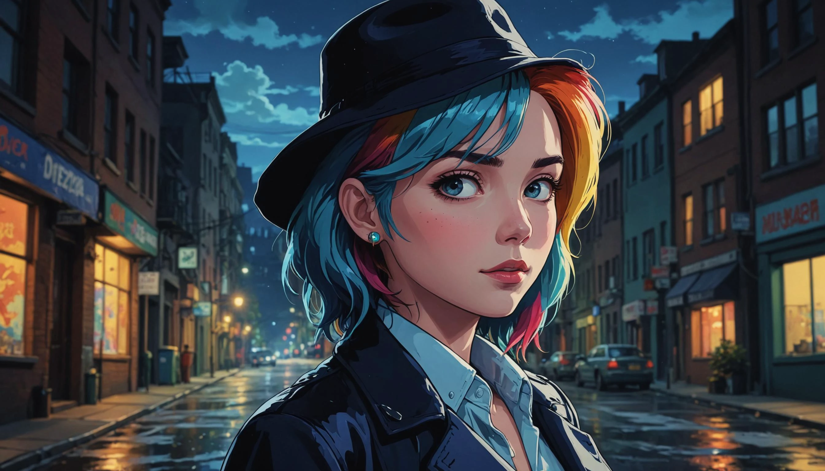 impactful color paint of a woman as Detective Rainbow Dash in a street by night , <lora:Modern_Cartoon_Style:0.4>, highly detailed, vibrant colors , 8k, sharp, professional, clear, high contrast, high saturated, , vivid deep blacks, crystal clear
