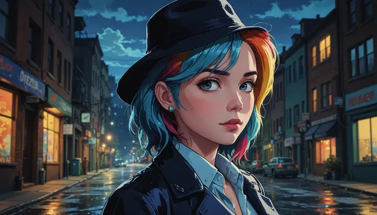 impactful color paint of a woman as Detective Rainbow Dash   in a street by night ,     <lora:Modern_Cartoon_Style:0.4>,    highly detailed,  vibrant colors , 8k,   sharp,  professional, clear,   high contrast, high saturated, , vivid deep blacks, crystal clear