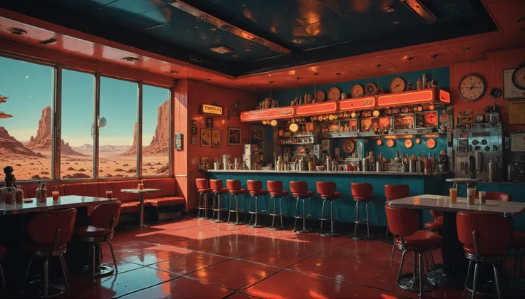 impactful color paint of A 1950s-style diner on Mars, with spaceships parked outside ,  1950s comic book style    <lora:Modern_Cartoon_Style:0.5>,    highly detailed,  vibrant colors , 8k,   sharp,  professional, clear,   high contrast, high saturated, , vivid deep blacks, crystal clear