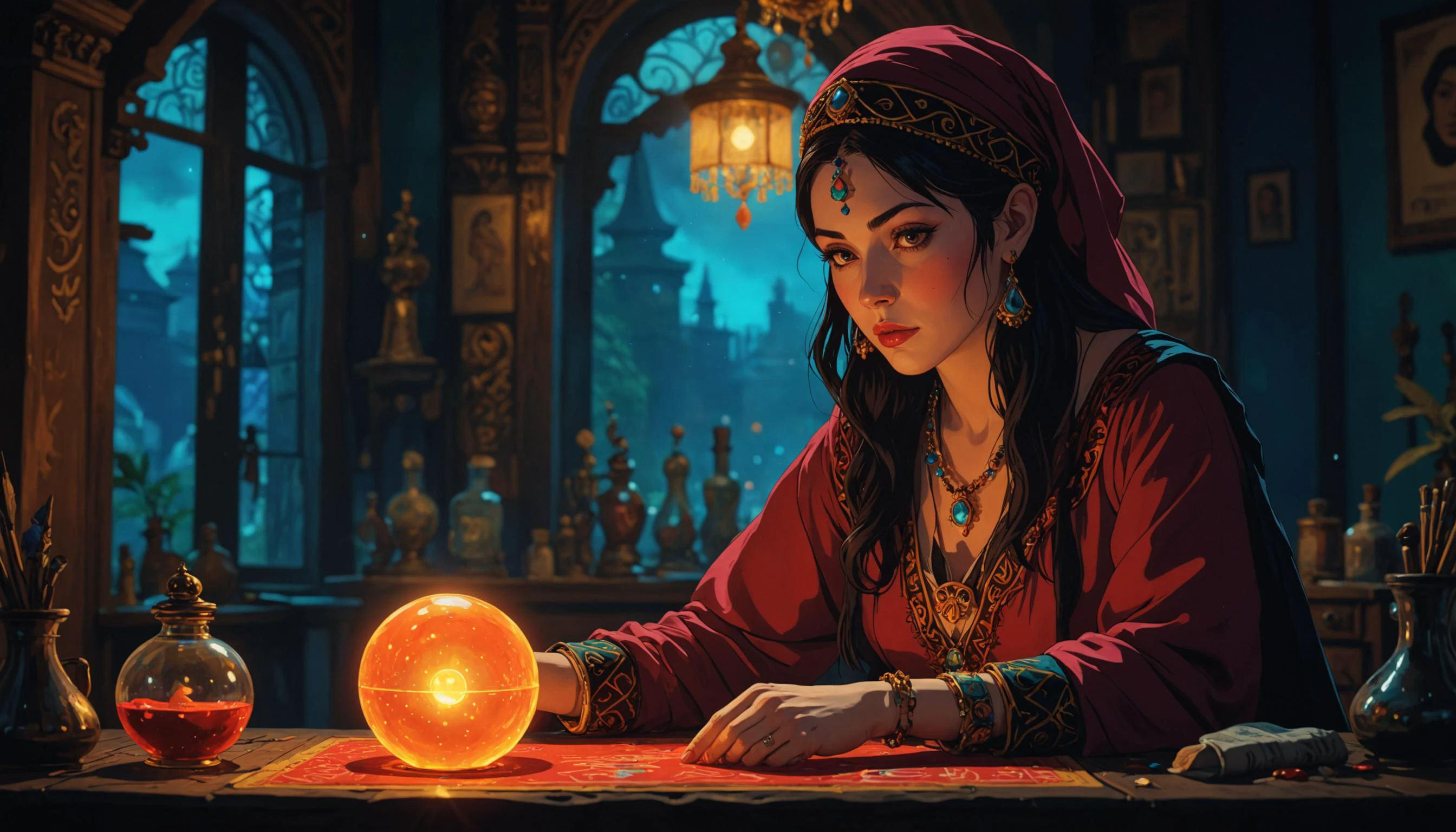 impactful color paint of A fortune teller reading the future <lora:Modern_Cartoon_Style:0.4>, highly detailed, vibrant colors , 8k, sharp, professional, clear, high contrast, high saturated, , vivid deep blacks, crystal clear