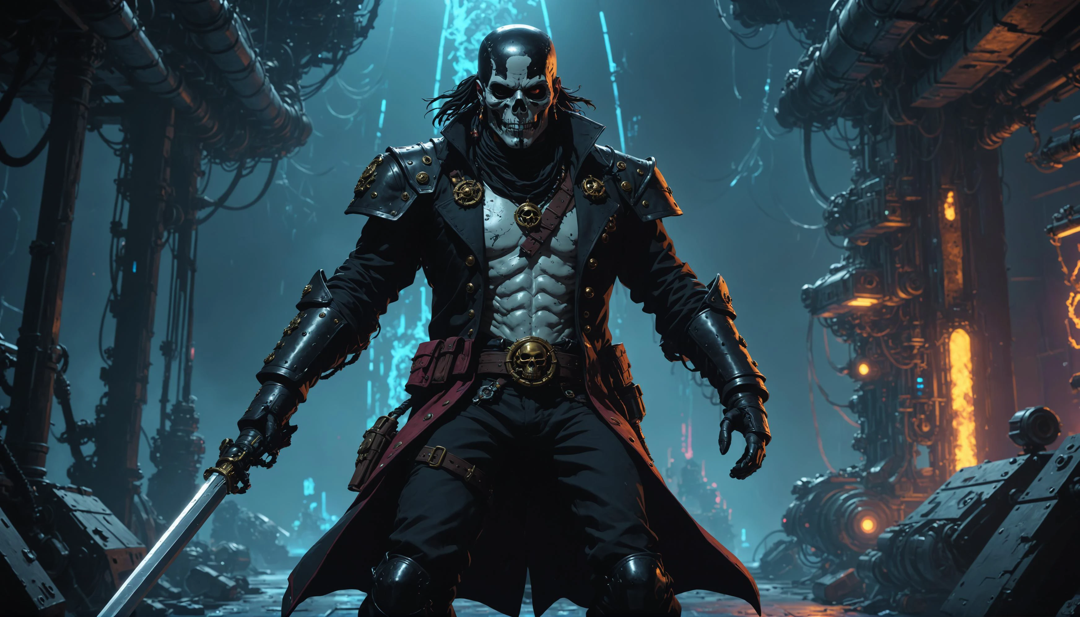 impactful color paint of A cybernetic pirate , standing on the command of a spacehip , <lora:Modern_Cartoon_Style:0.5>, highly detailed, vibrant colors , 8k, sharp, professional, clear, high contrast, high saturated, , vivid deep blacks, crystal clear