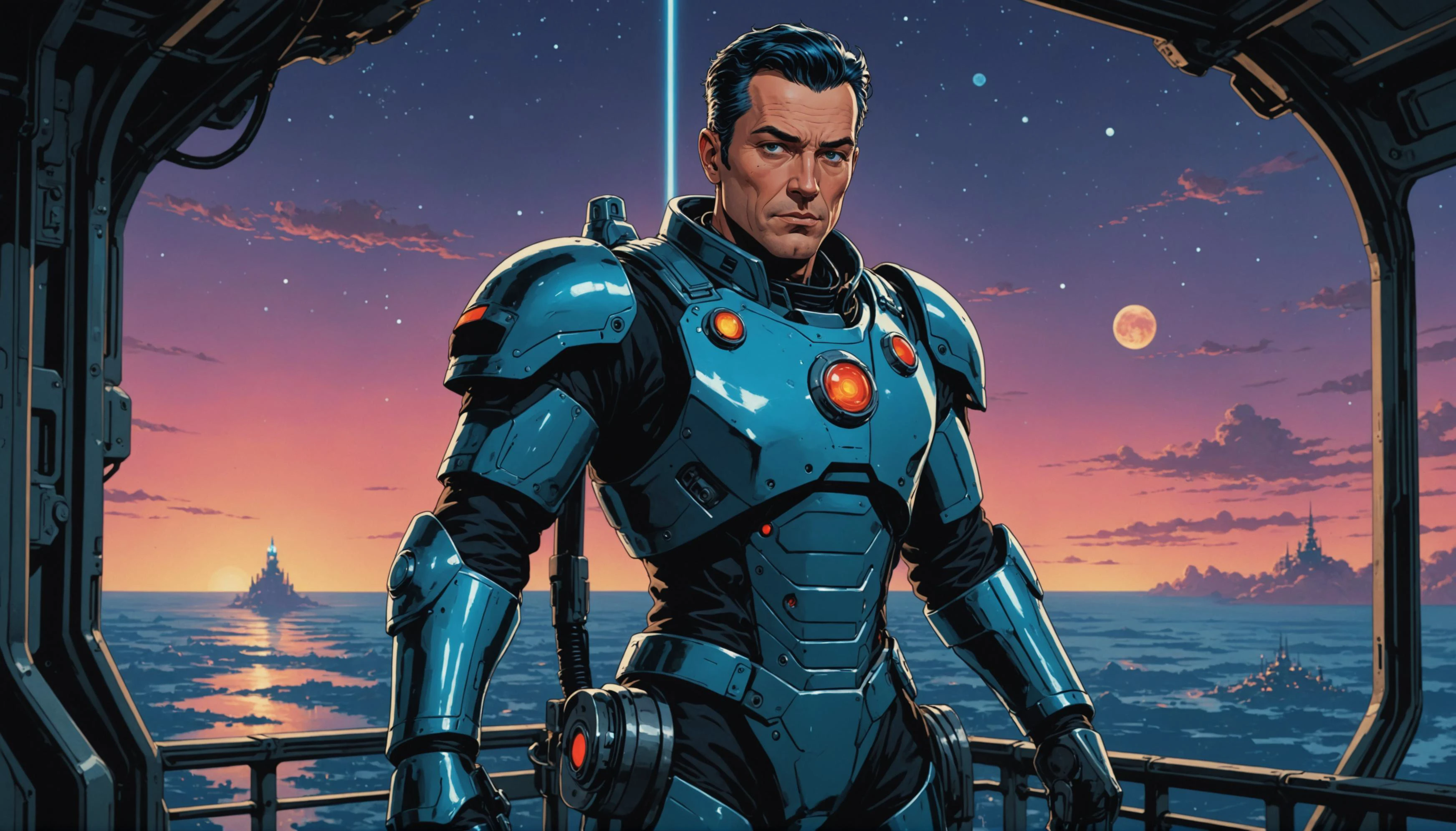 impactful color paint of A cybernetic space captain , standing on the command of a spacehip , 1950s comic book style <lora:Modern_Cartoon_Style:0.4>, highly detailed, vibrant colors , 8k, sharp, professional, clear, high contrast, high saturated, , vivid deep blacks, crystal clear