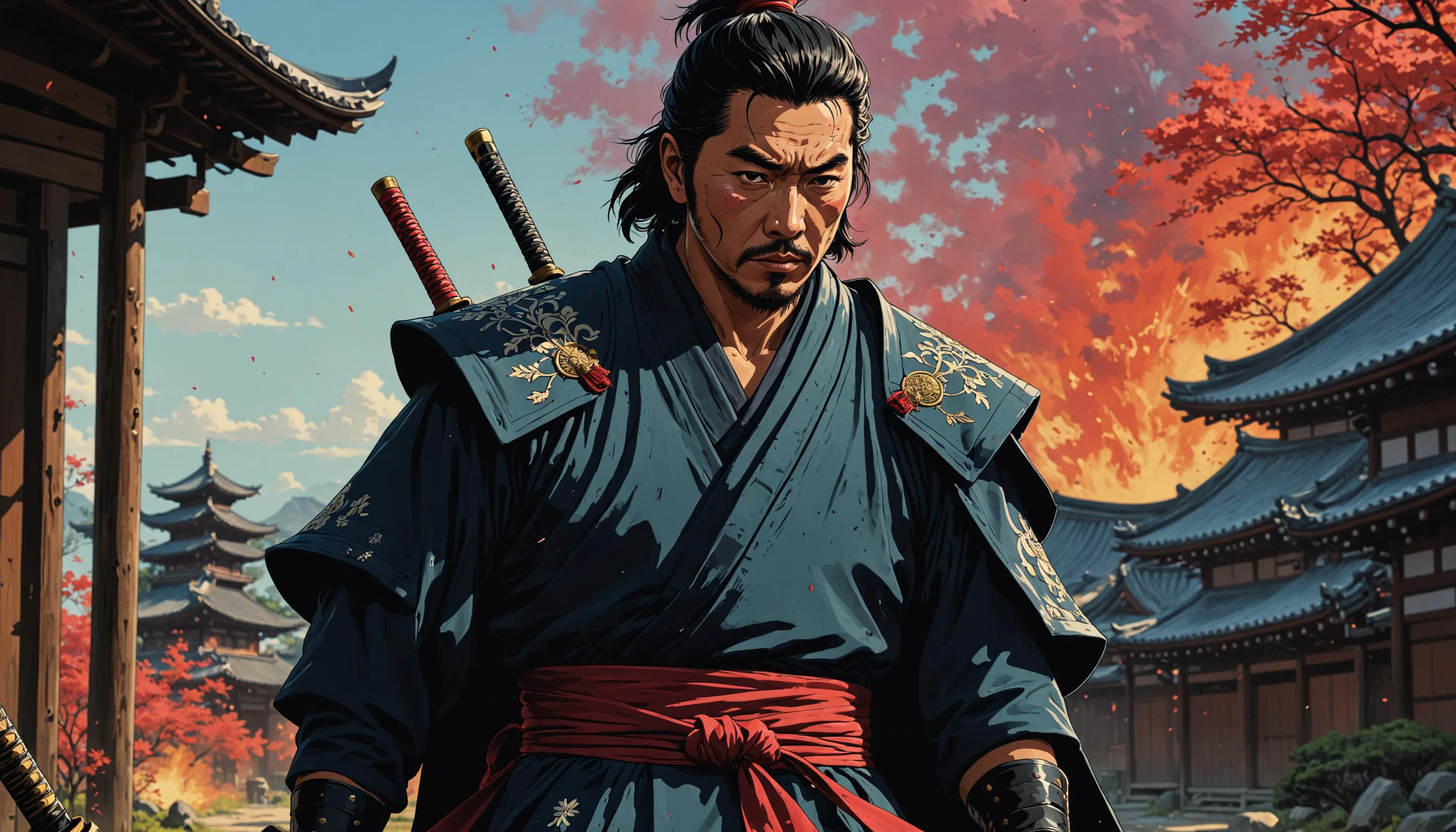 impactful color paint of A wandering samurai seeks revenge for the death of their master , 1950s comic book style <lora:Modern_Cartoon_Style:0.3>, highly detailed, vibrant colors , 8k, sharp, professional, clear, high contrast, high saturated, , vivid deep blacks, crystal clear